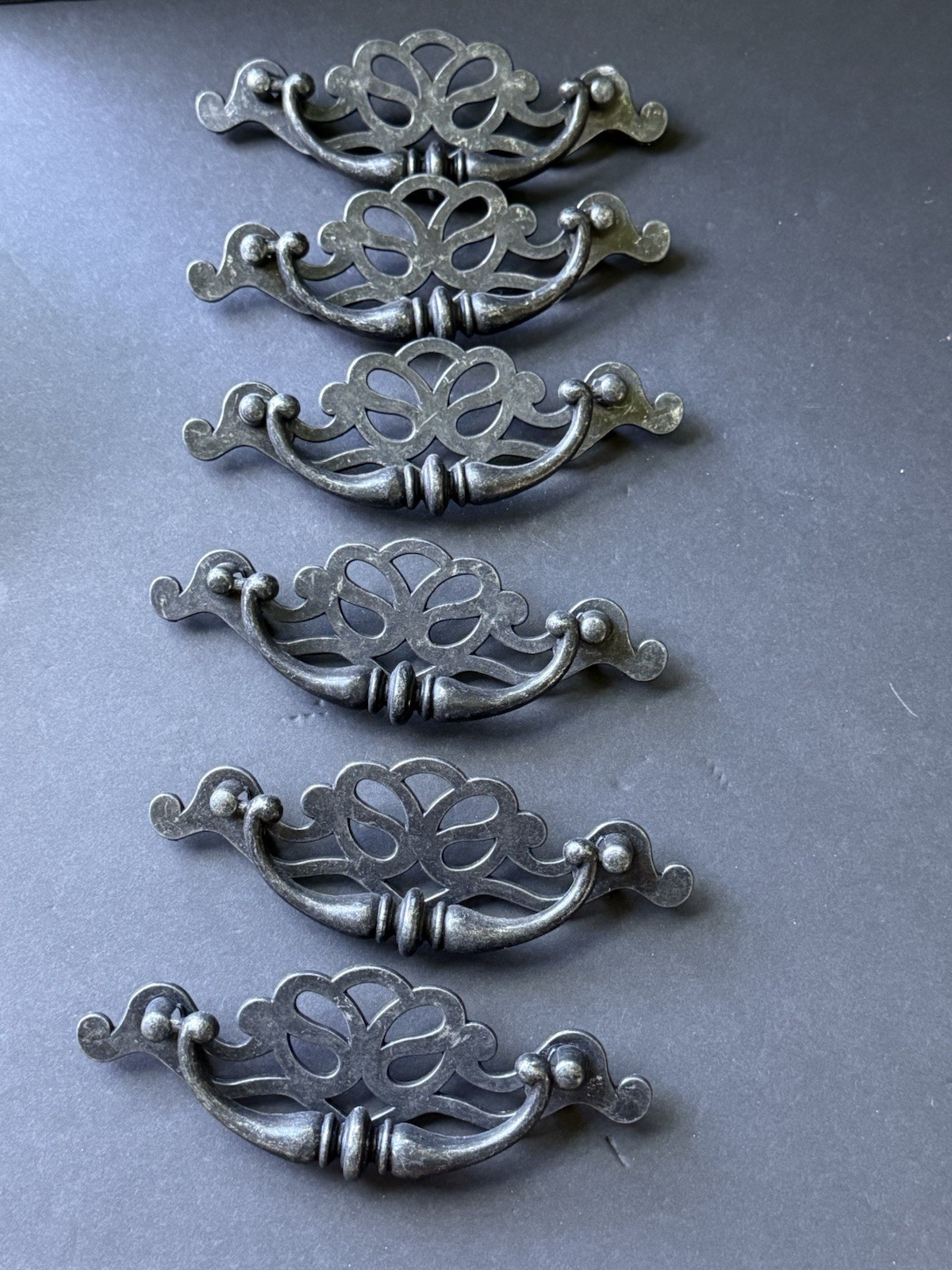 Vtg Charcoal Metal Drawer Pulls Set 6 Dresser Cabinet Traditional Cottagecore