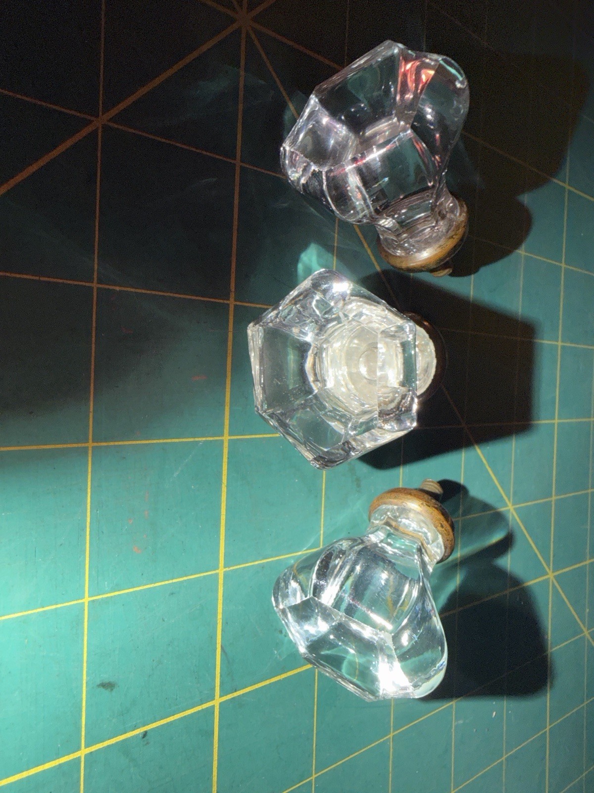 Set of 3 Vintage Clear Glass Drawer Knobs Hex Faceted Cabinet Pulls w/ Shafts