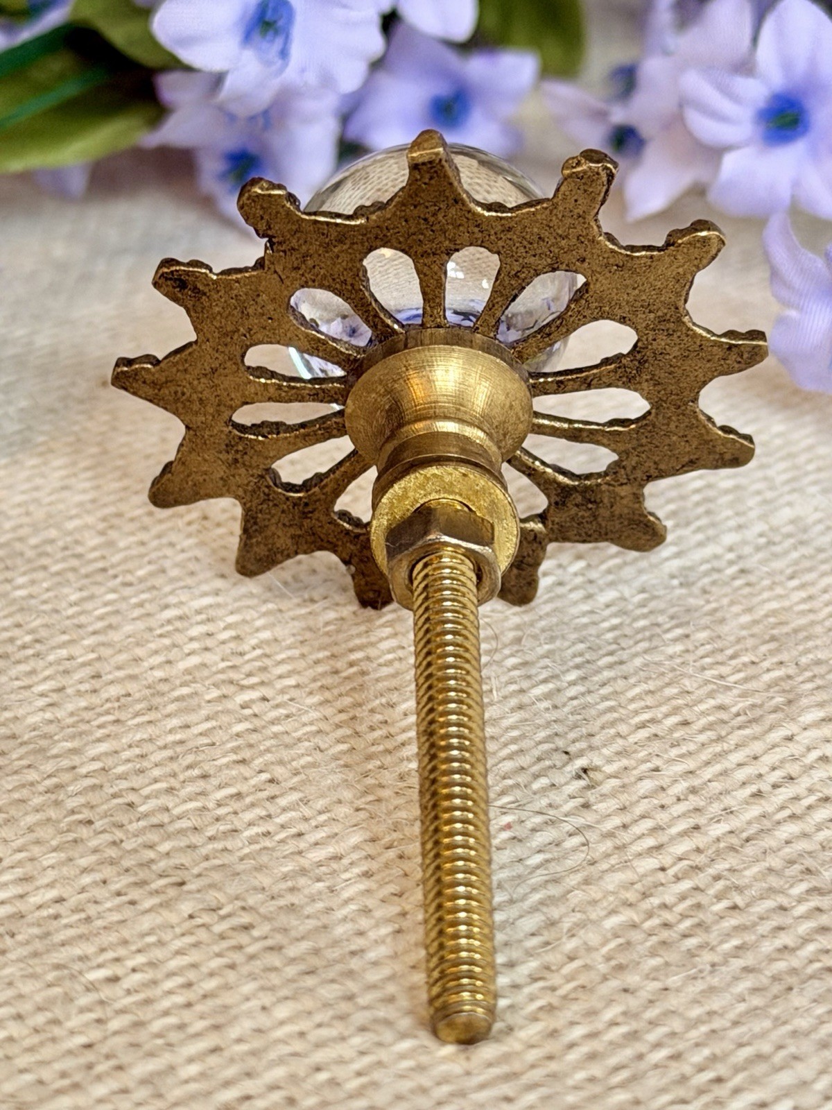 1 Antique Gold Clear Glass Ball Knob Drawer Pull Handle Cabinet Starburst Knob