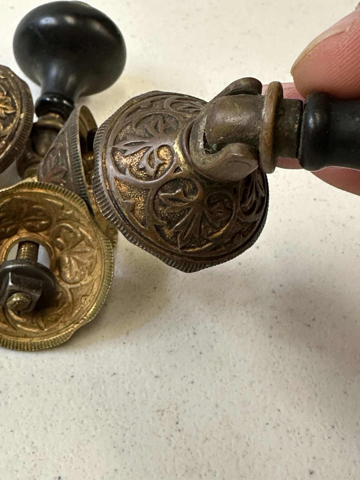 Antique Victorian Eastlake Teardrop Pulls – Set of 6 Black Wood & Ornate Brass