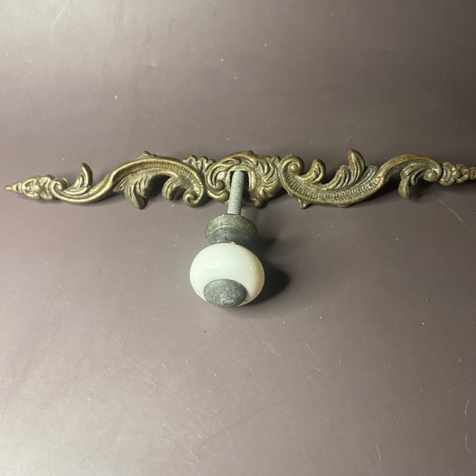 Vintage Metal And Porcelain Knob Ornate Drawer Pull