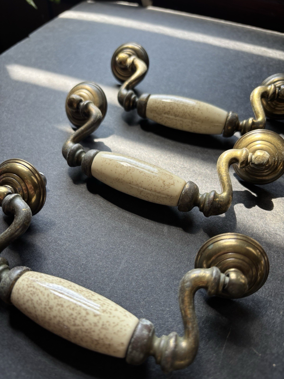 Brass And Porcelain Drawer Handles 4 1/2 Inch 6 Handles 3 Knobs Vintage Pulls