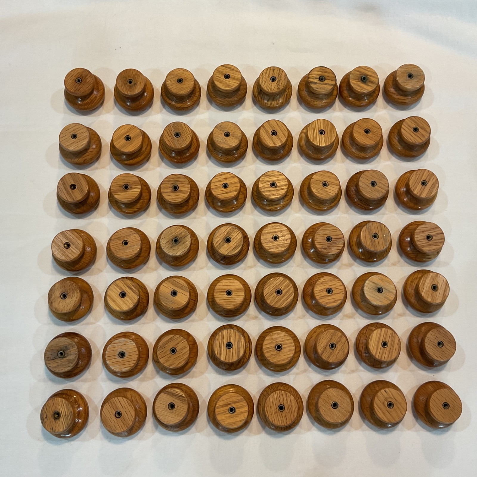 Lot 56 Vintage Wood Drawer Pull Knobs 1-1/2″ wide Natural Oak Color w Hardware