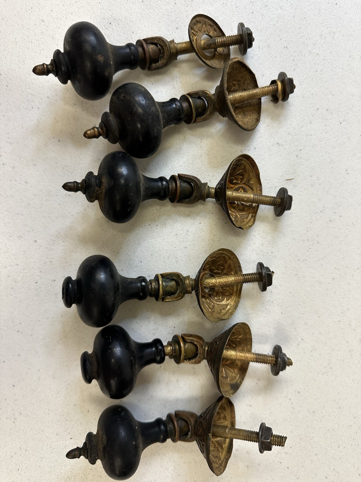 Antique Victorian Eastlake Teardrop Pulls – Set of 6 Black Wood & Ornate Brass