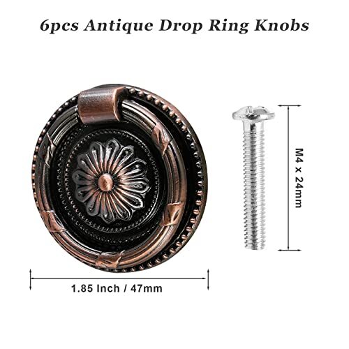 6pcs Cabinet Knobs, Drop Ring Drawer Pulls Round Dresser Knobs Red Bronze