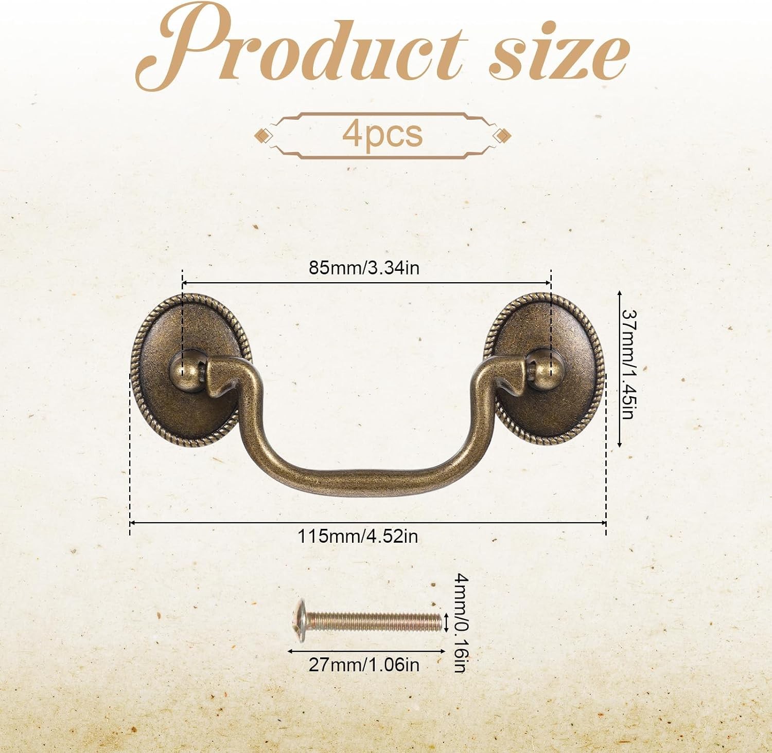 4Pcs Antique Bronze Drop Bail Handles Vintage Dresser Cabinet Drawer Pulls 3.3″