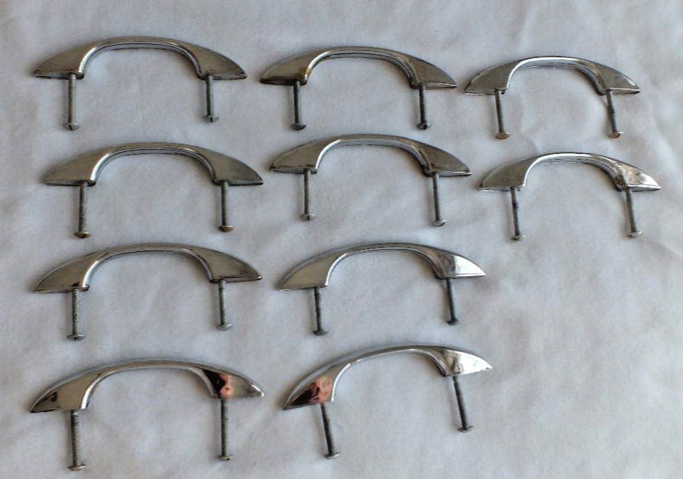 lot of 10 vintage metal chrome mod drawer door pulls handles sleek convex 4.75″