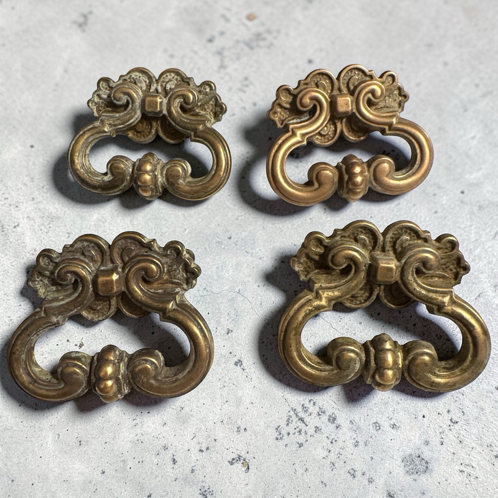 3” Brass Finger Pull Drawer Handle Ornate Victorian Set of 4 Antique Vintage