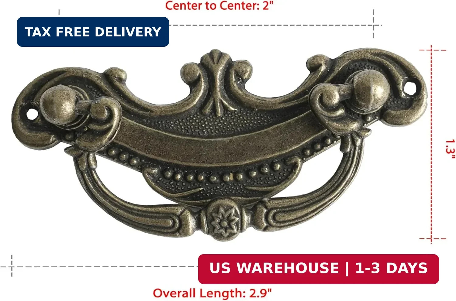 8 Pack Antique Bronze Baroque Style Drop Bail Drawer Pulls, 2 Inch Hole Center V