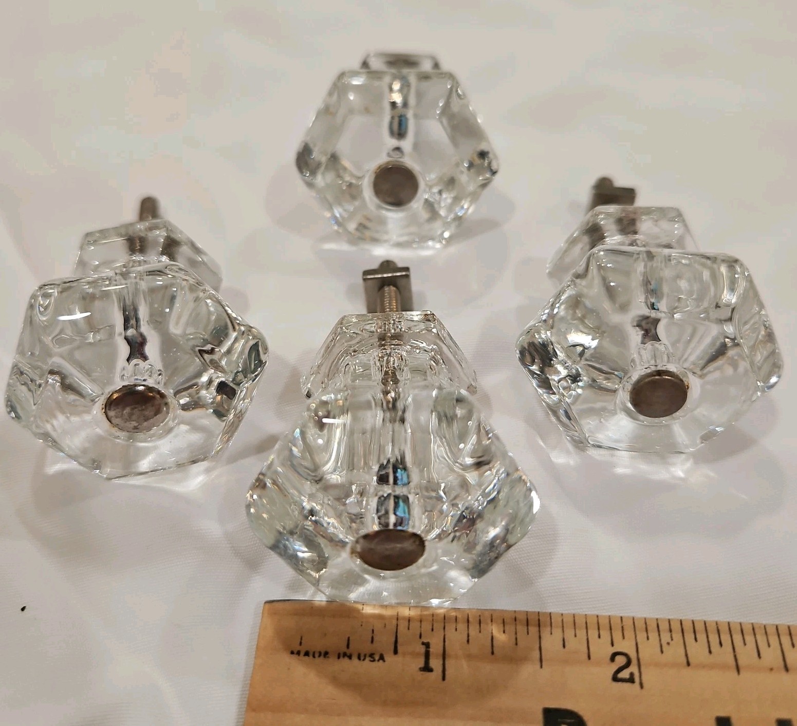Set of 4 Rare Vintage Clear Glass Knobs Cabinet Drawer Hardware Rounded Hexagon