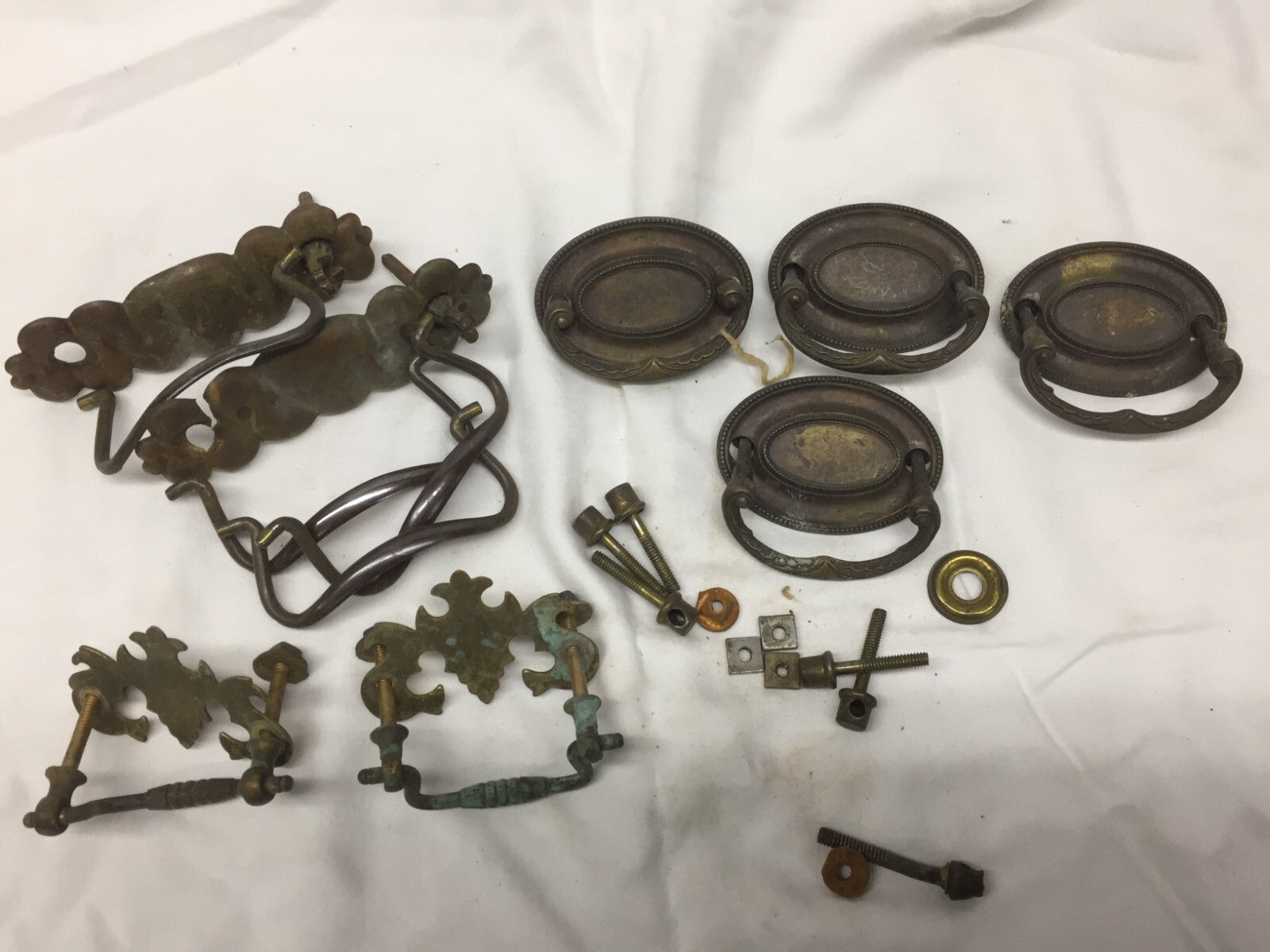 8 Assorted Antique Brass Drawer Pulls Dresser Bail Drop Handles~ 3″ X 1 3/4″