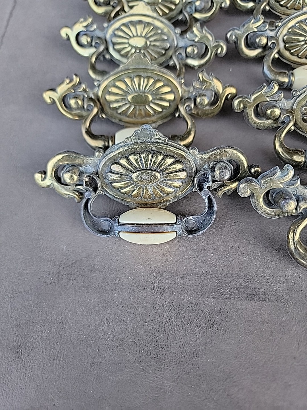 Vintage Brass Hardware Drawer Pulls With Beige Ceramic Center Bead Set Of 8