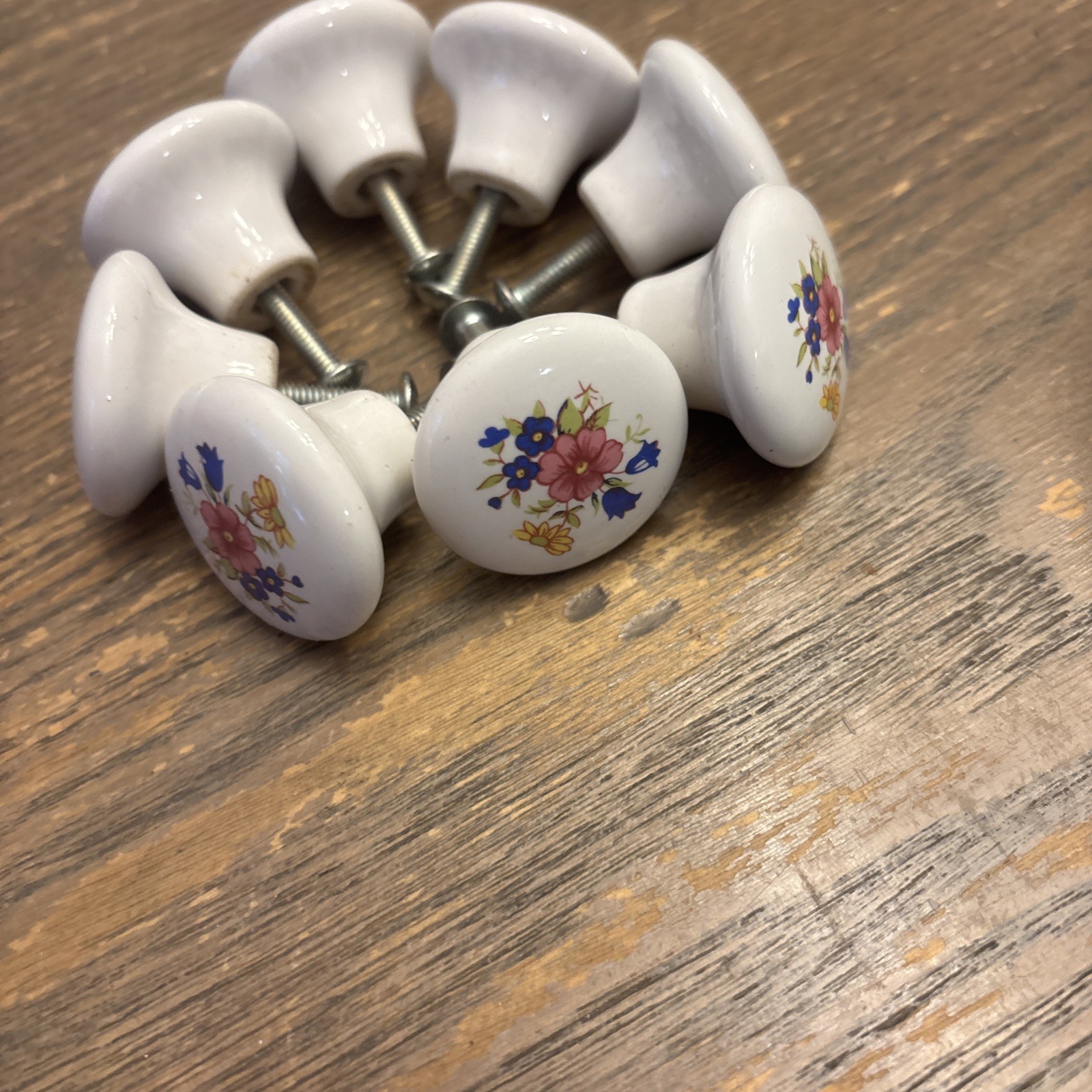 Vintage Porcelain Pulls /Knobs, White Painted Floral Design Lot of 8 with screws