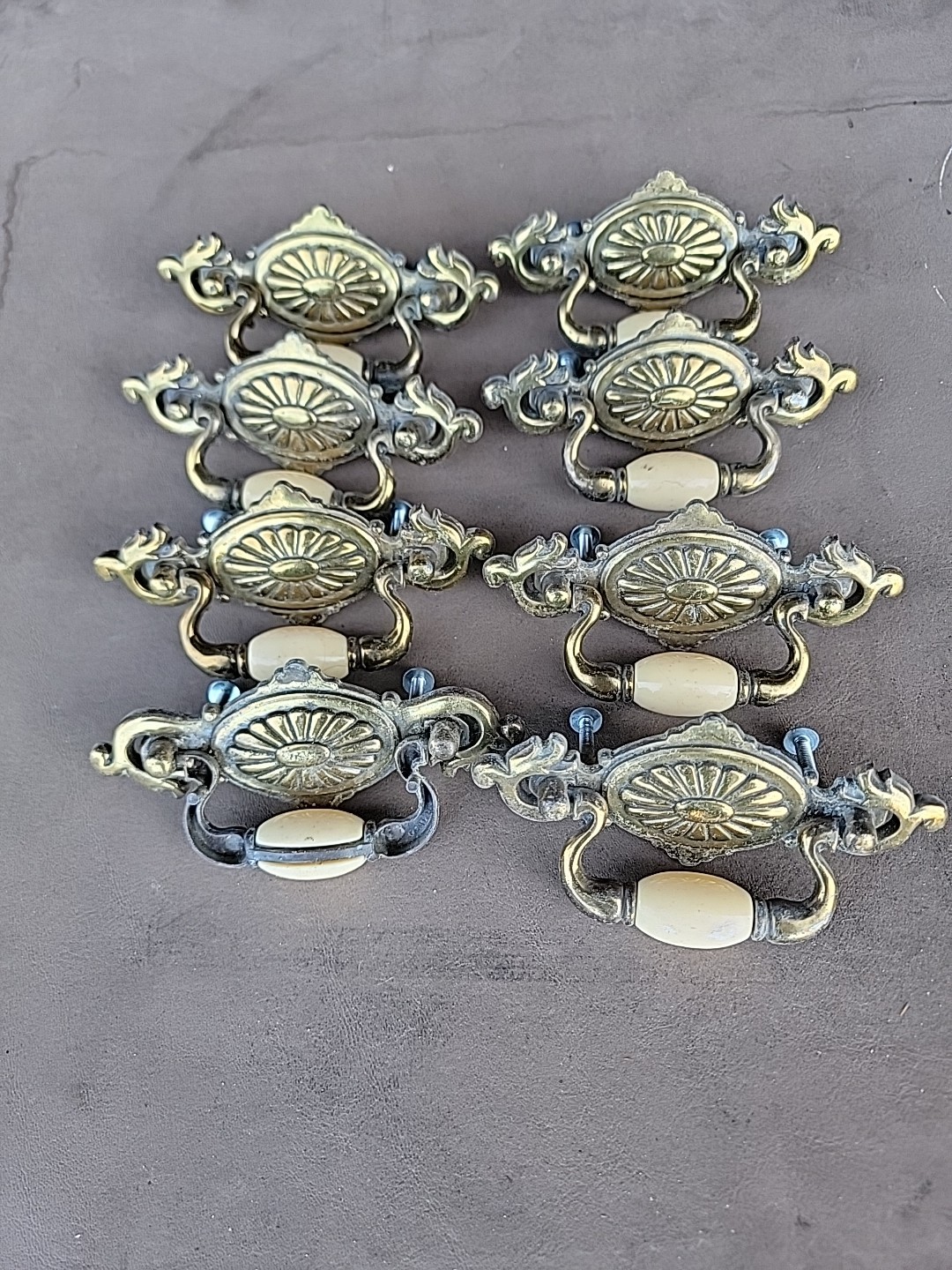 Vintage Brass Hardware Drawer Pulls With Beige Ceramic Center Bead Set Of 8