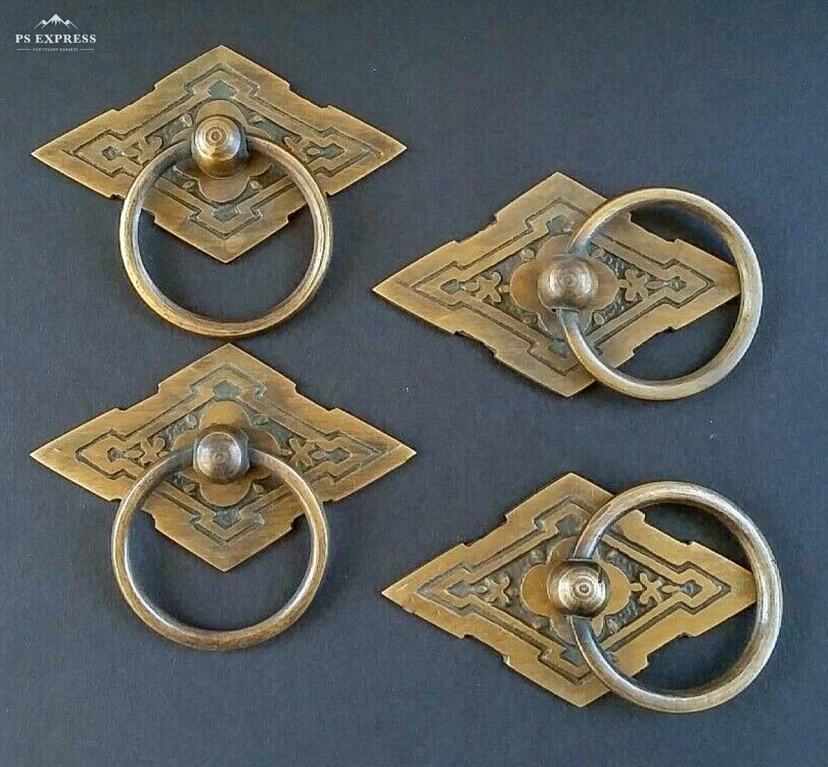 4 x Eastlake Antique Style Brass Ornate Ring Pulls Handles 2-3/8″ wide #H15