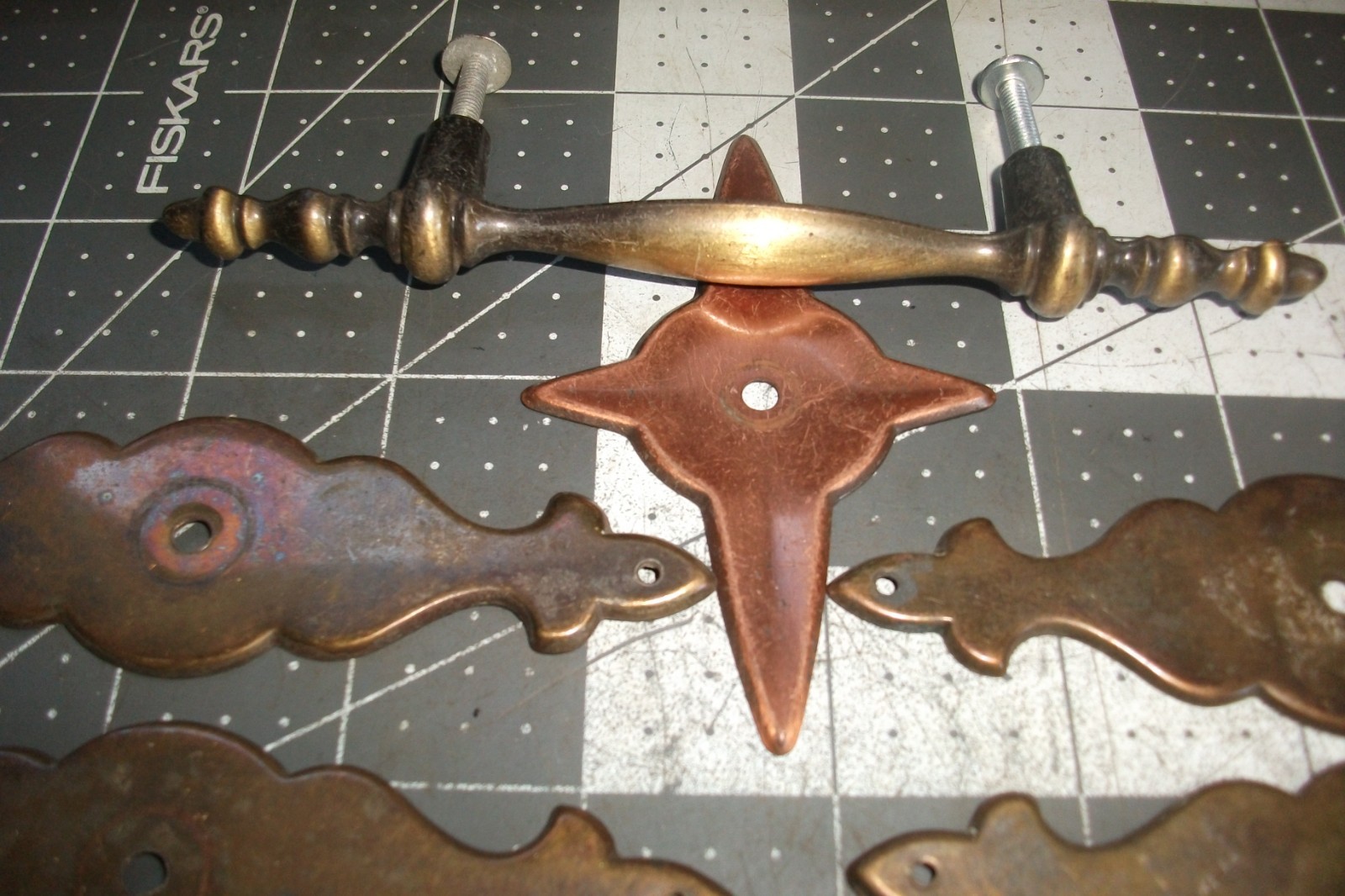 LOT 1920s/30s Vintage Art DecoBrass Handle Drawer Pull 3″ centers+backing plates