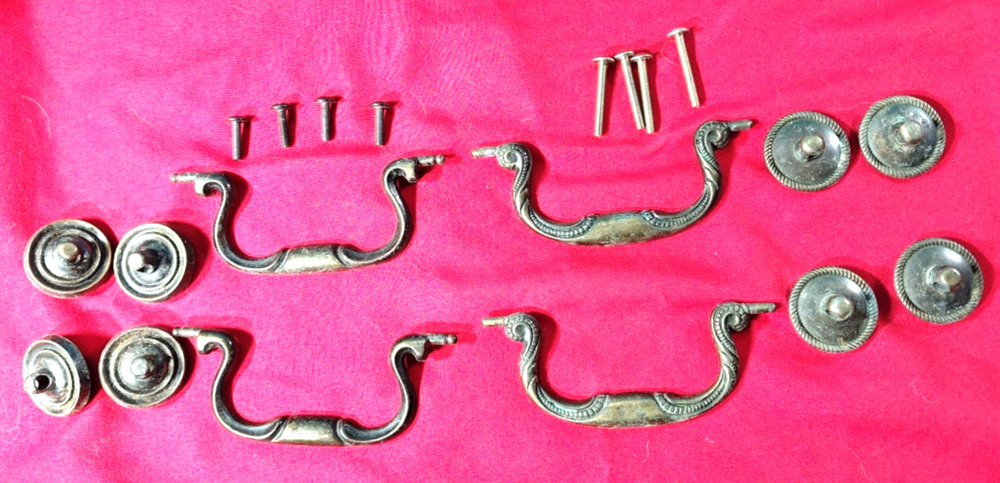 Antique Solid Brass Drawer Bail Drop Handle Pulls Lot of 4 Patina 2 Designs