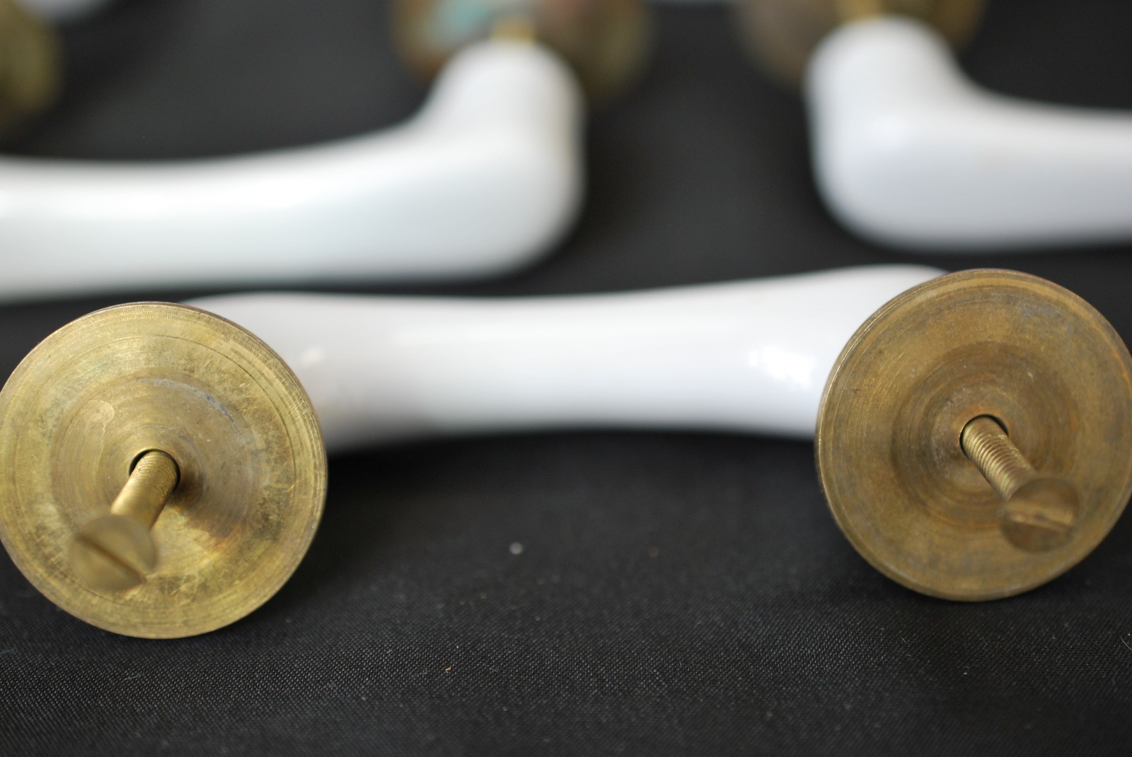 Lot of 8 Vintage White Heavy Ceramic Drawer Pulls With Sturdy Brass Eschutcheons