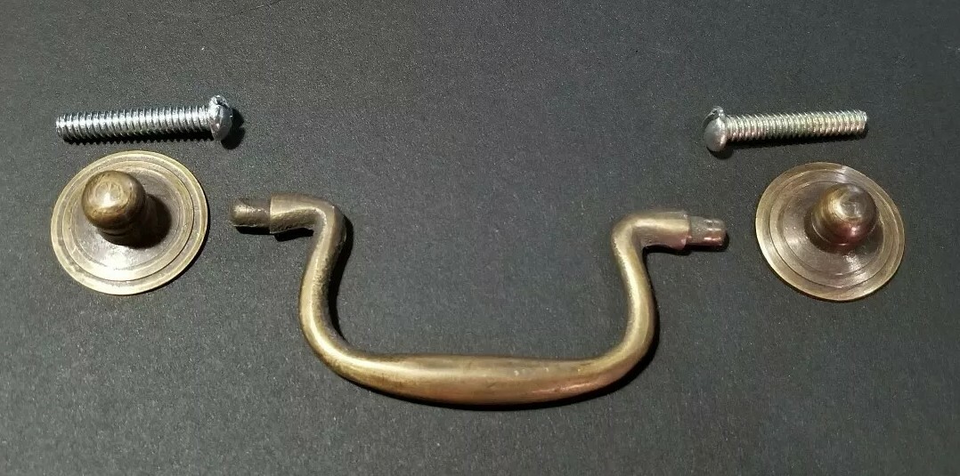 2 Antique Brass Swan Neck Bails Cabinet Drawer Pull handles approx. 3″ cntr #H39