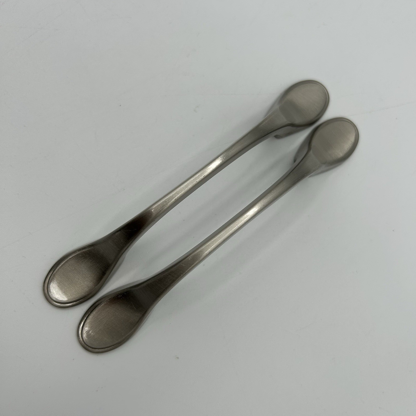 Vtg 3″ Spoon Foot Pull Knob, Brushed Nickel Drawer Pull Cabinet Door, VGC (2)