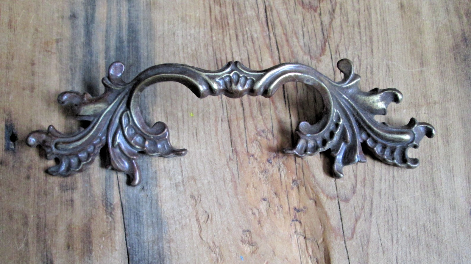 Vintage Art Nouveau Drawer Pull Brass Filigree Leaf French Provincial Single