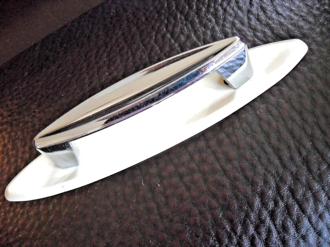 Vintage Chrome Concave Drawer Pull Cabinet Door Handle w White Backplate Ajax