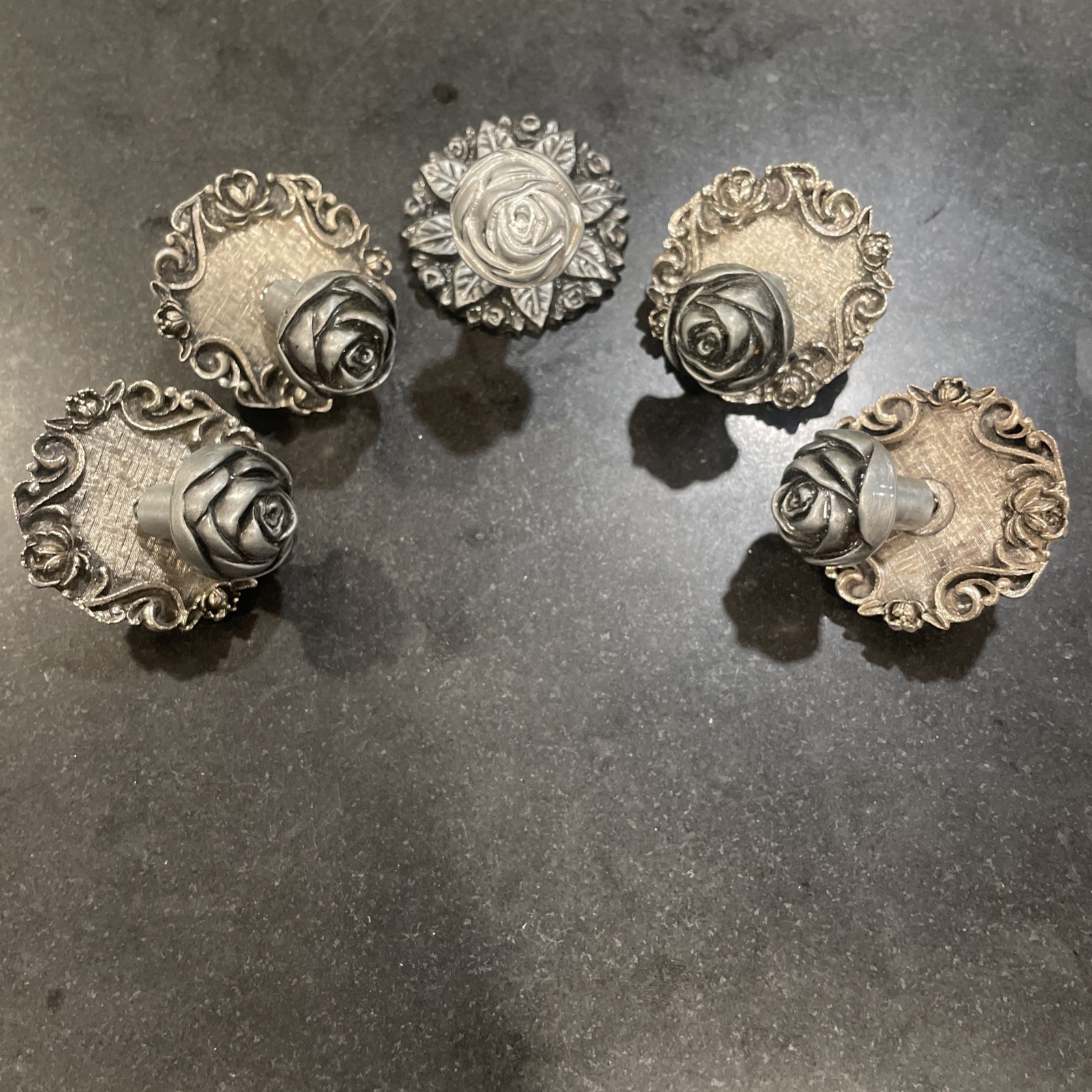(5) Vtg French Provincial Drawer Dresser Knob Pull Metal Floral Rose 3D Design