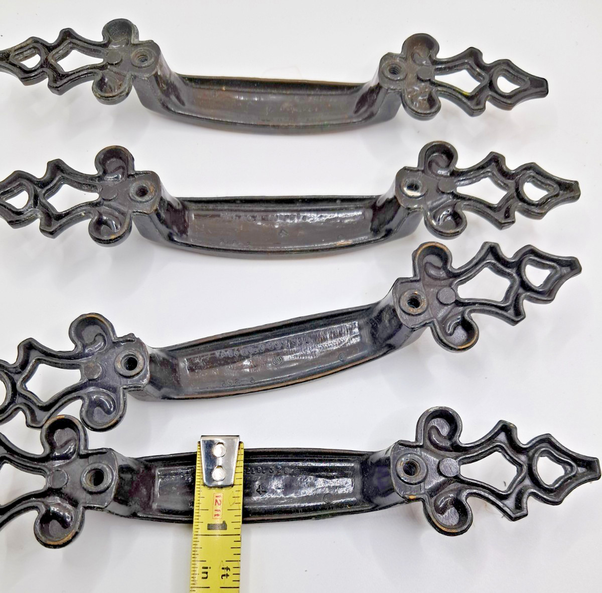 4 Vtg Spanish Gothic Brass Drawer Cabinet Pulls 3″ Hole 6.5″ L Pat D-219328