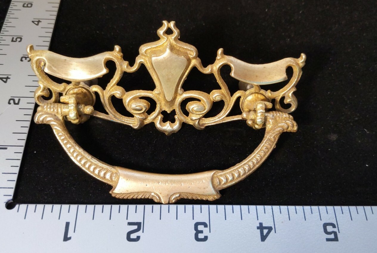 2 Antique Cast Brass Drawer Pulls Bails Traditional Ornate Design 3″ Centers