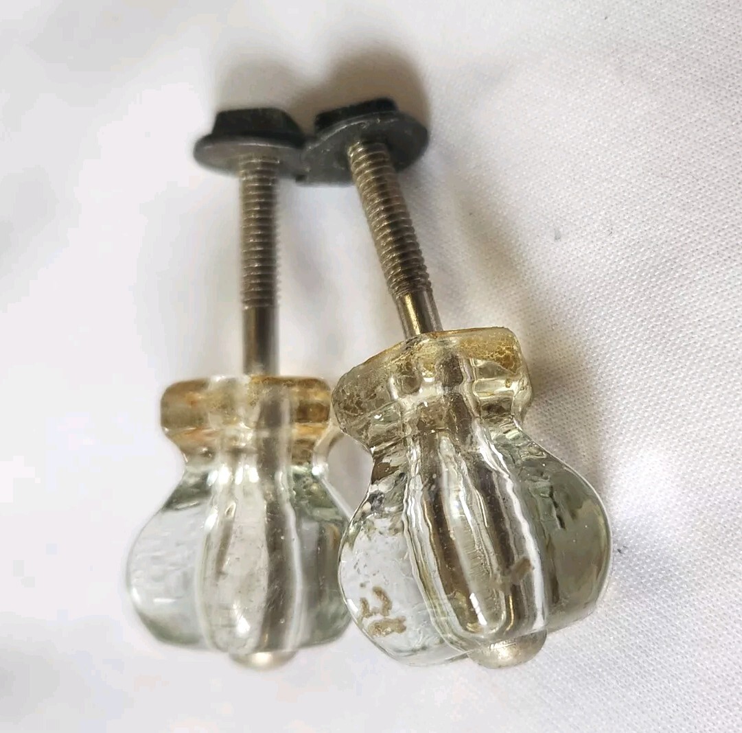 Vintage Clear Hexagon Gem Cut Glass Drawer Cabinet Knob Set Of 2