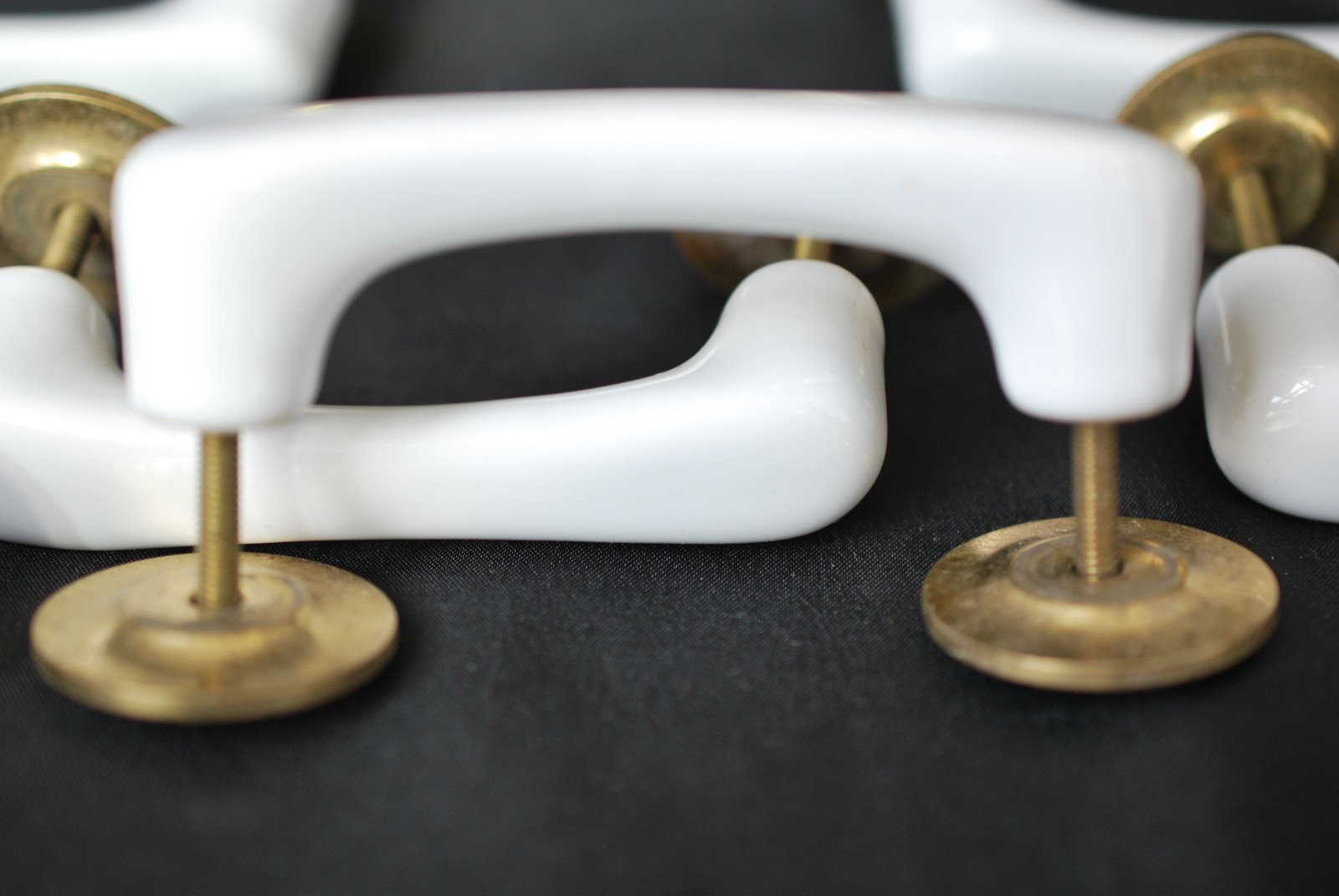 Lot of 8 Vintage White Heavy Ceramic Drawer Pulls With Sturdy Brass Eschutcheons