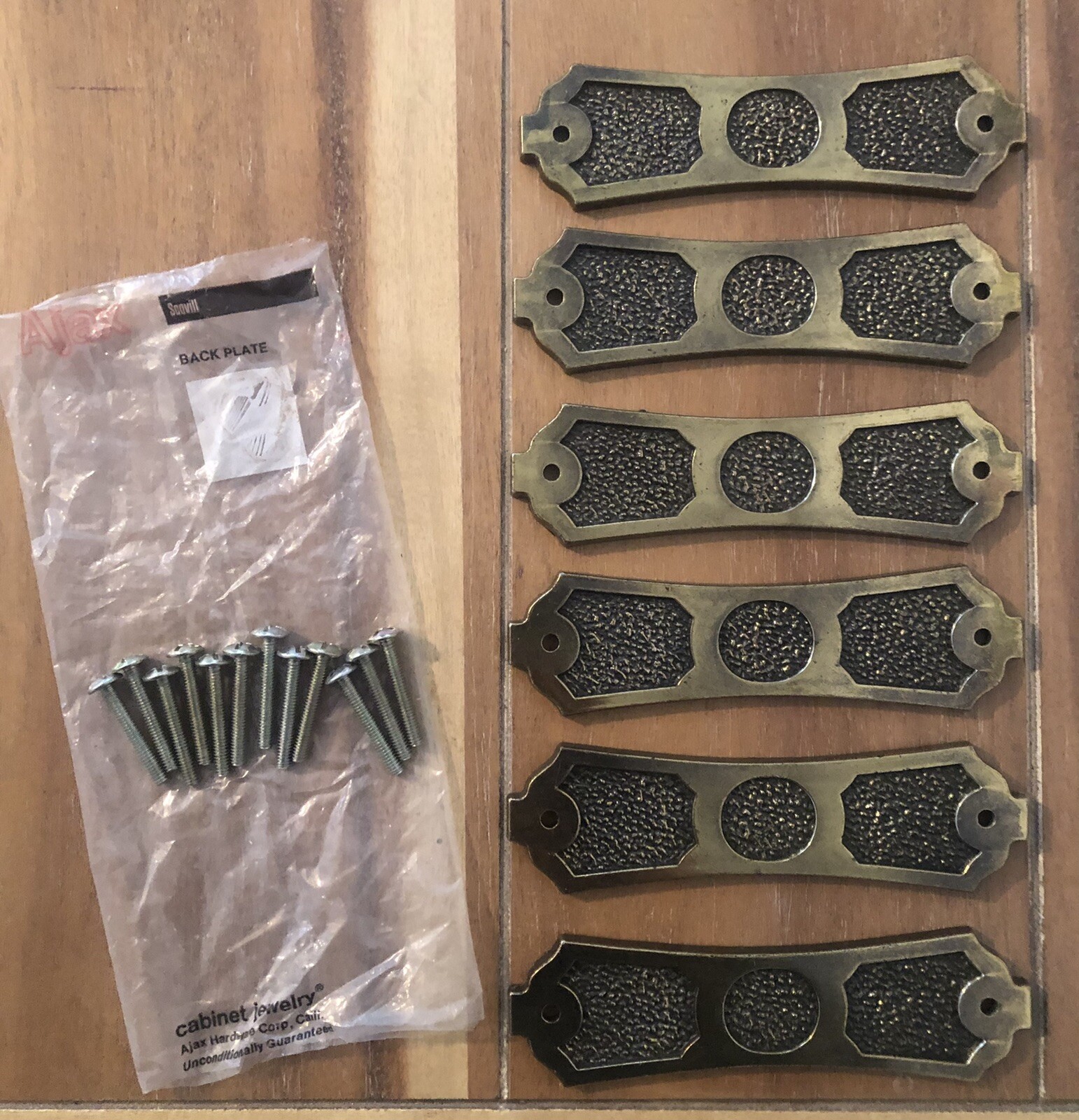 Vintage Antique Brass Ajax Back Plate Cabinet Drawer Set Of 6 #821 NOS