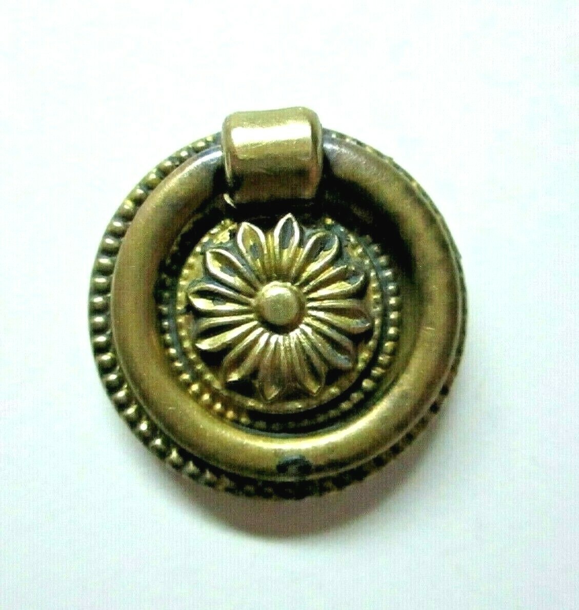 Solid Cast Brass 1850s Floral Drop Ring Pull Handle Flower 1-1/4″ Round Antique