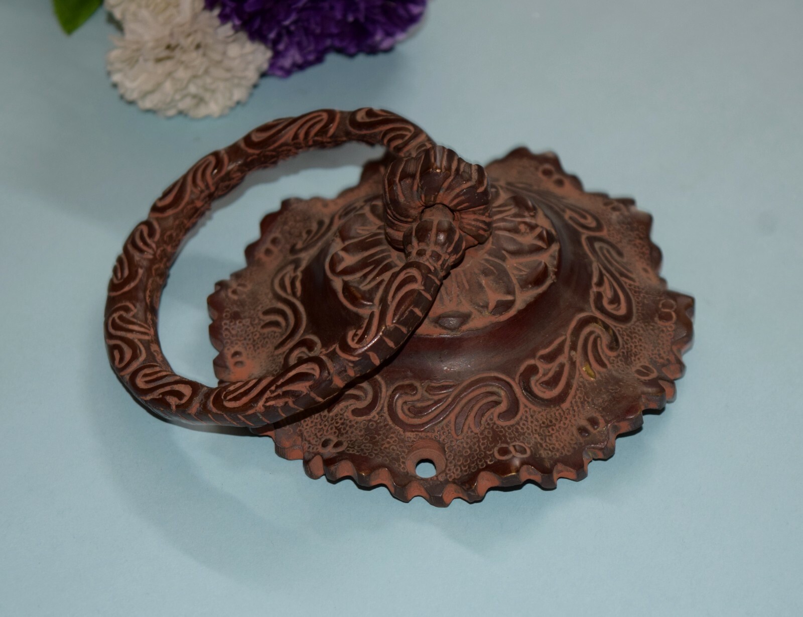 Brass Floral Engraved Door Pull Ornate Design Flower Base Art Gate Knocker EK951