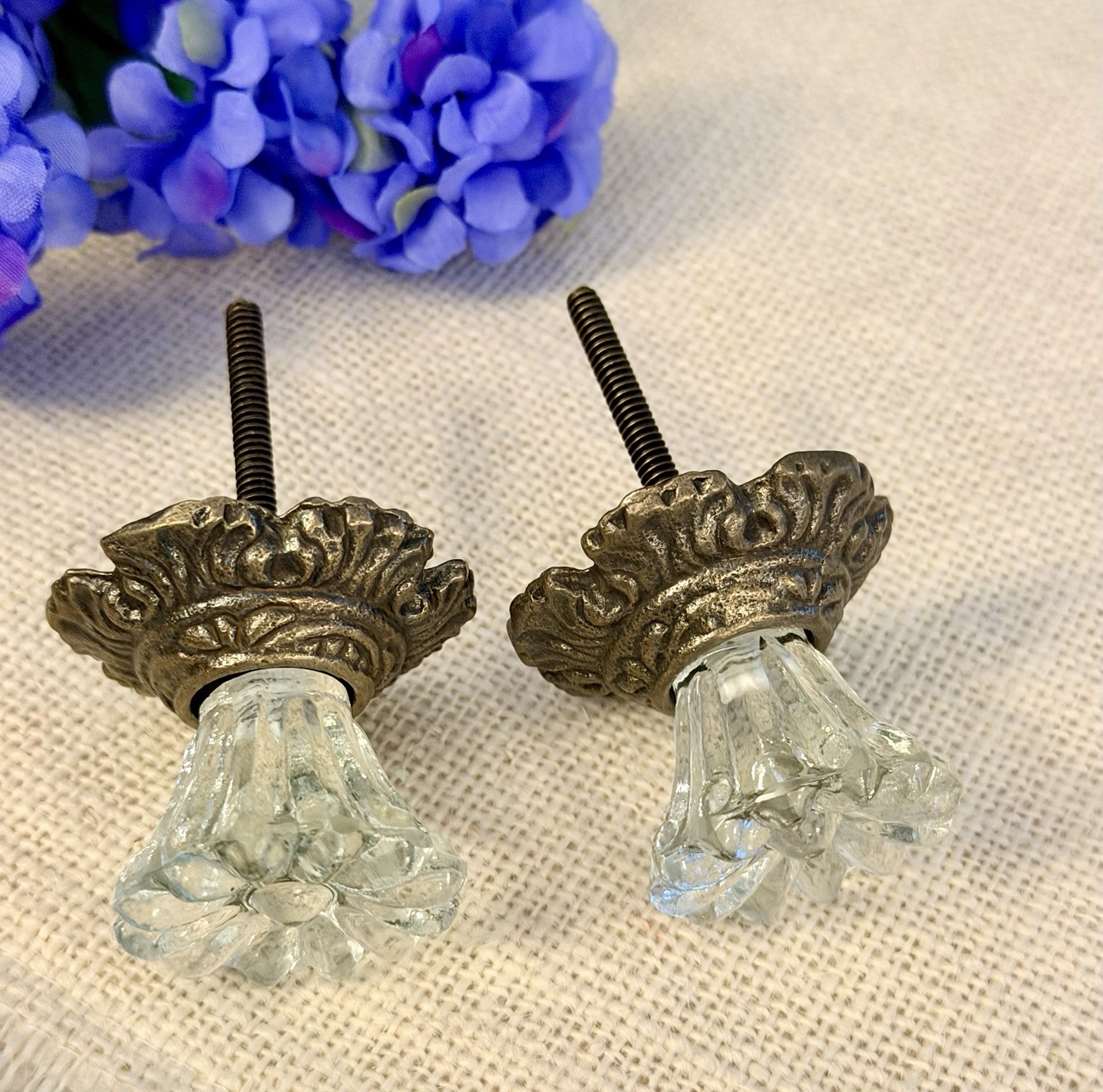 Antique Bronze w/Glass Drawer Pulls Hardware Handles Vintage Cabinet Door Knobs