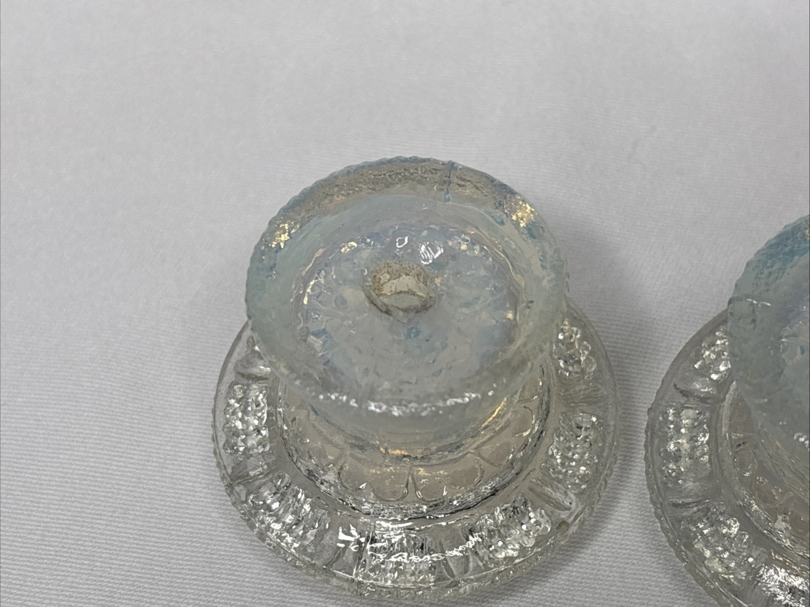 2 Antique Boston Sandwich Glass Floral Clam Broth Drawer Pulls 2” Iridescent