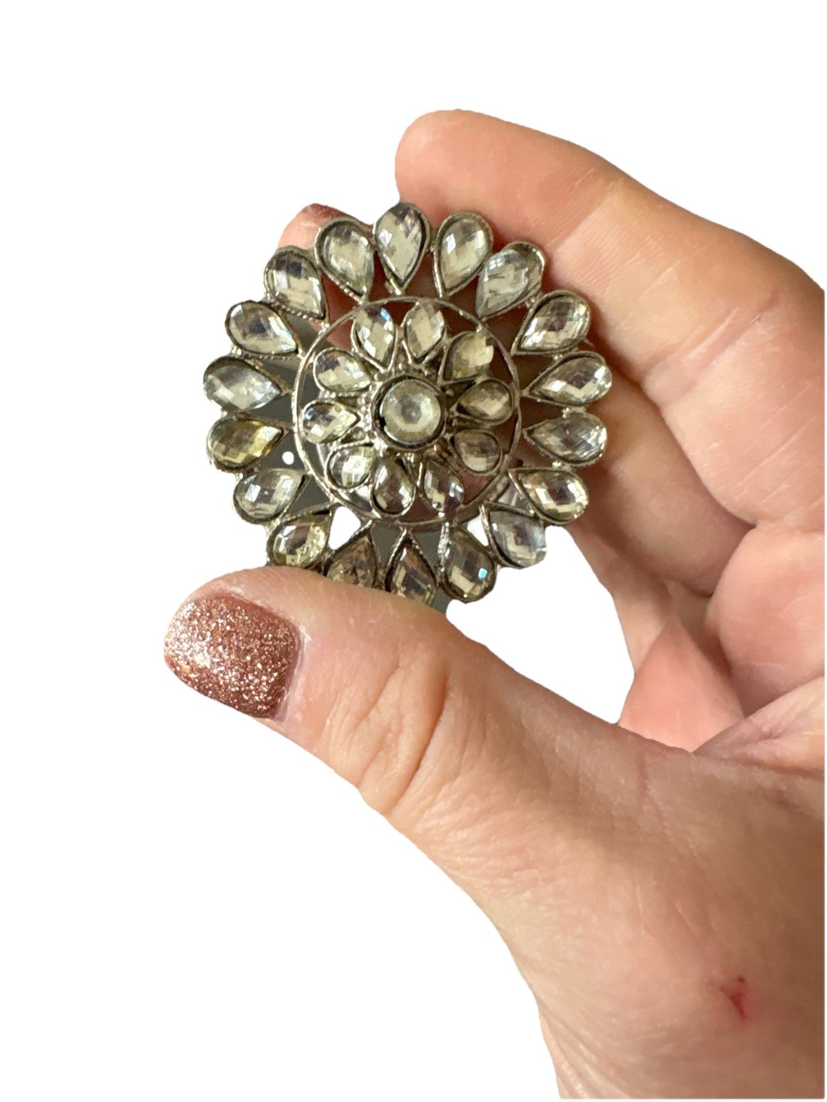 Vintage Silver Tone Floral Cabinet Knob Clear Faceted Flower Rhinestone Pull NOS