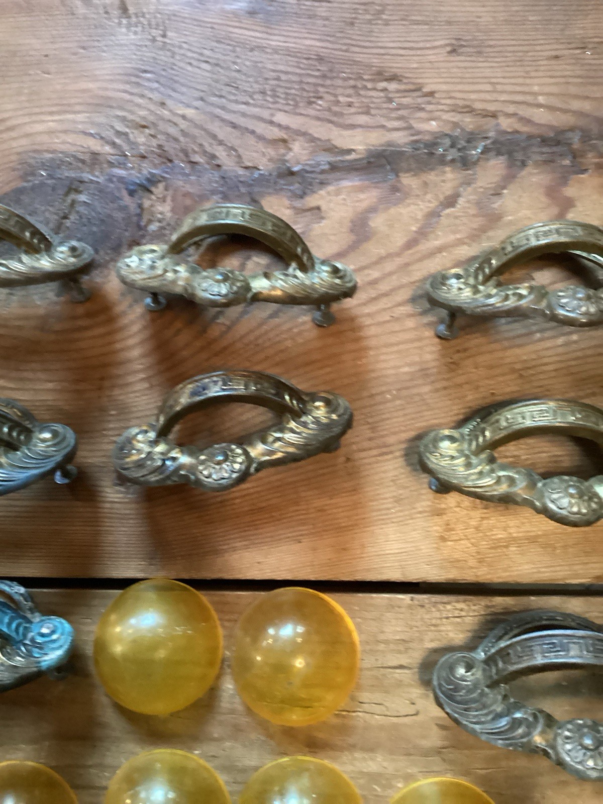 Art Nouveau Style Finger Cup Pulls Gold Bakelite?- Set of 8 – 3″ centers