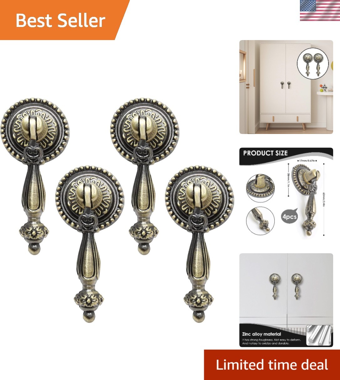 Vintage Tear Drop Drawer Knobs, 4 Pack Antique Bronze Pull Handles for Furniture