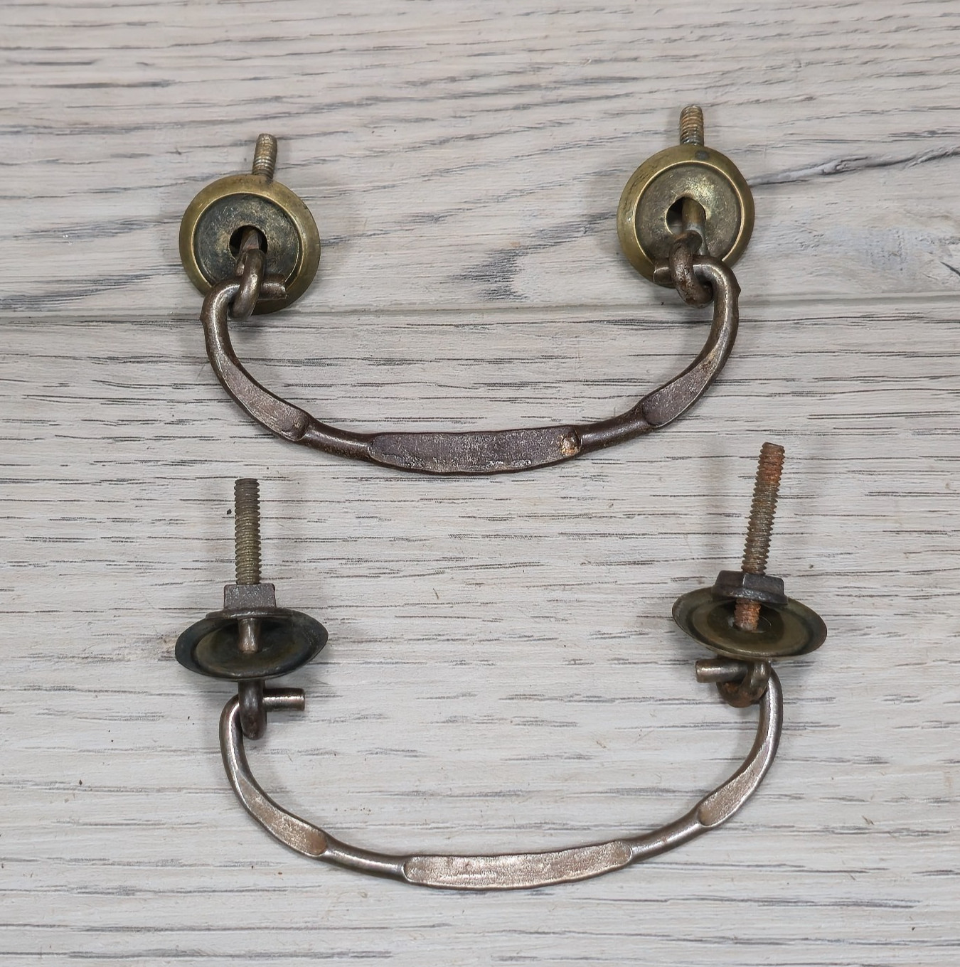Pair Vintage Brass Hobnail Beaded Bail Pulls 3″ CTC 4″L Drawer Handles Rosettes