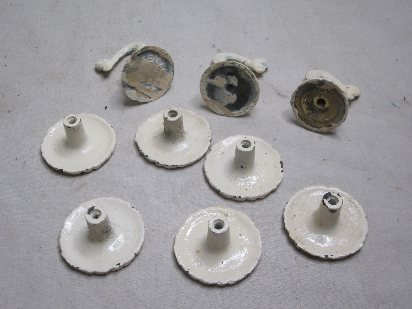 6 vintage ornate round pull knobs metal knob marked 250 Japan architectural hook