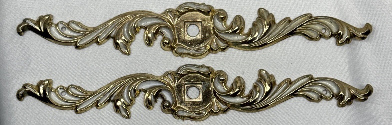 2 Vintage French Provincial Cabinet Drawer Pull Back Plates Gold White