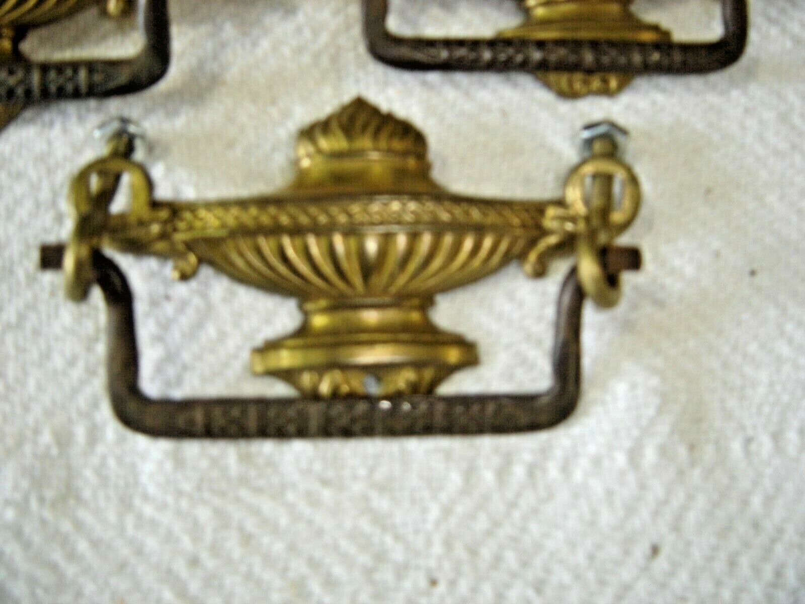 Antique ~ Salvage ~ 3 Stamped Brass Pulls w/ Urn Design ~ Cast Iron Bales #1308