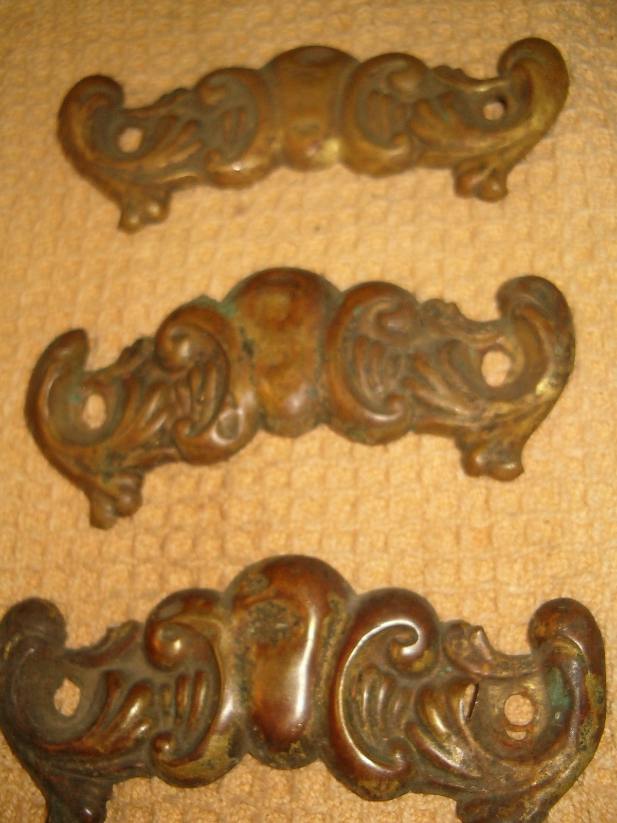3 Antique METAL Drawer BAIL Pulls w/ tin back plates – used and worn – as is