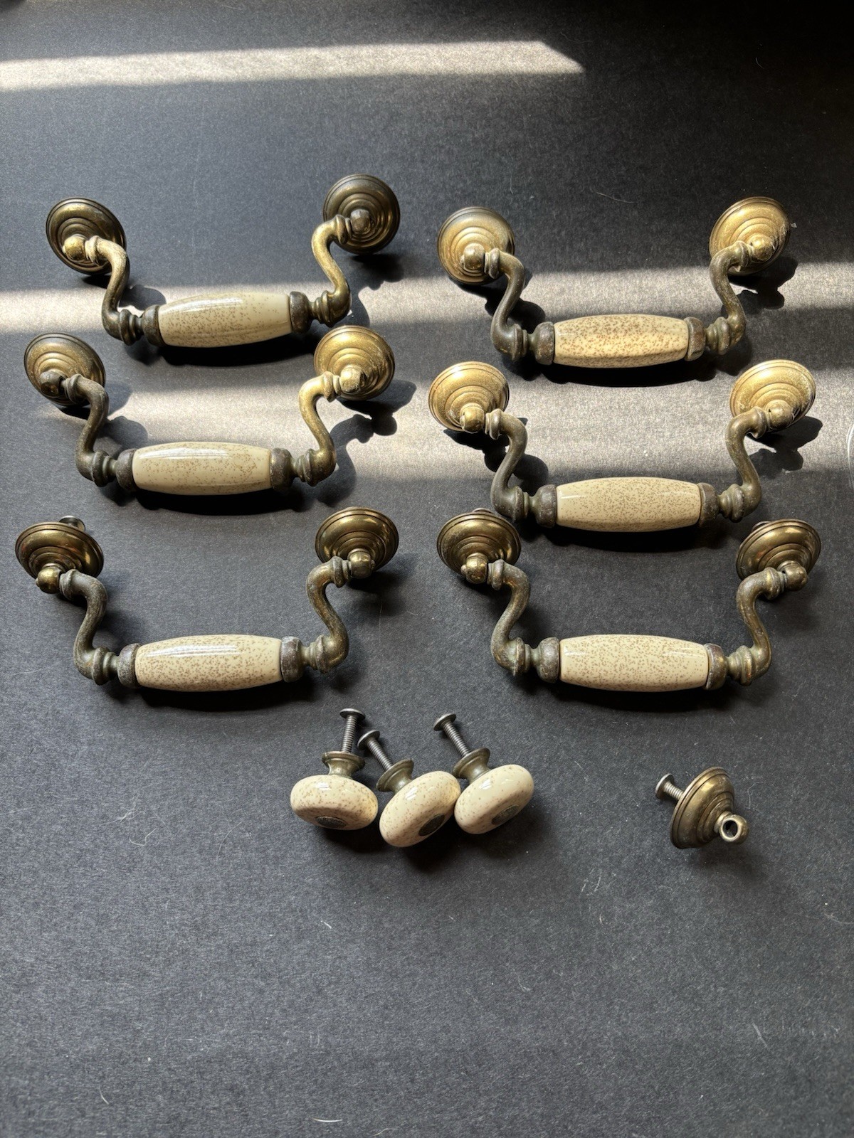 Brass And Porcelain Drawer Handles 4 1/2 Inch 6 Handles 3 Knobs Vintage Pulls