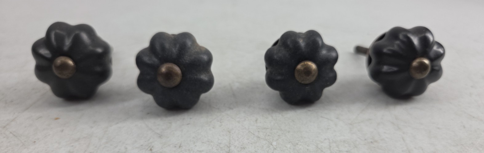 Vintage Lot of 6 Black Porcelain Floral Cabinet Knobs Drawer Pulls Handles