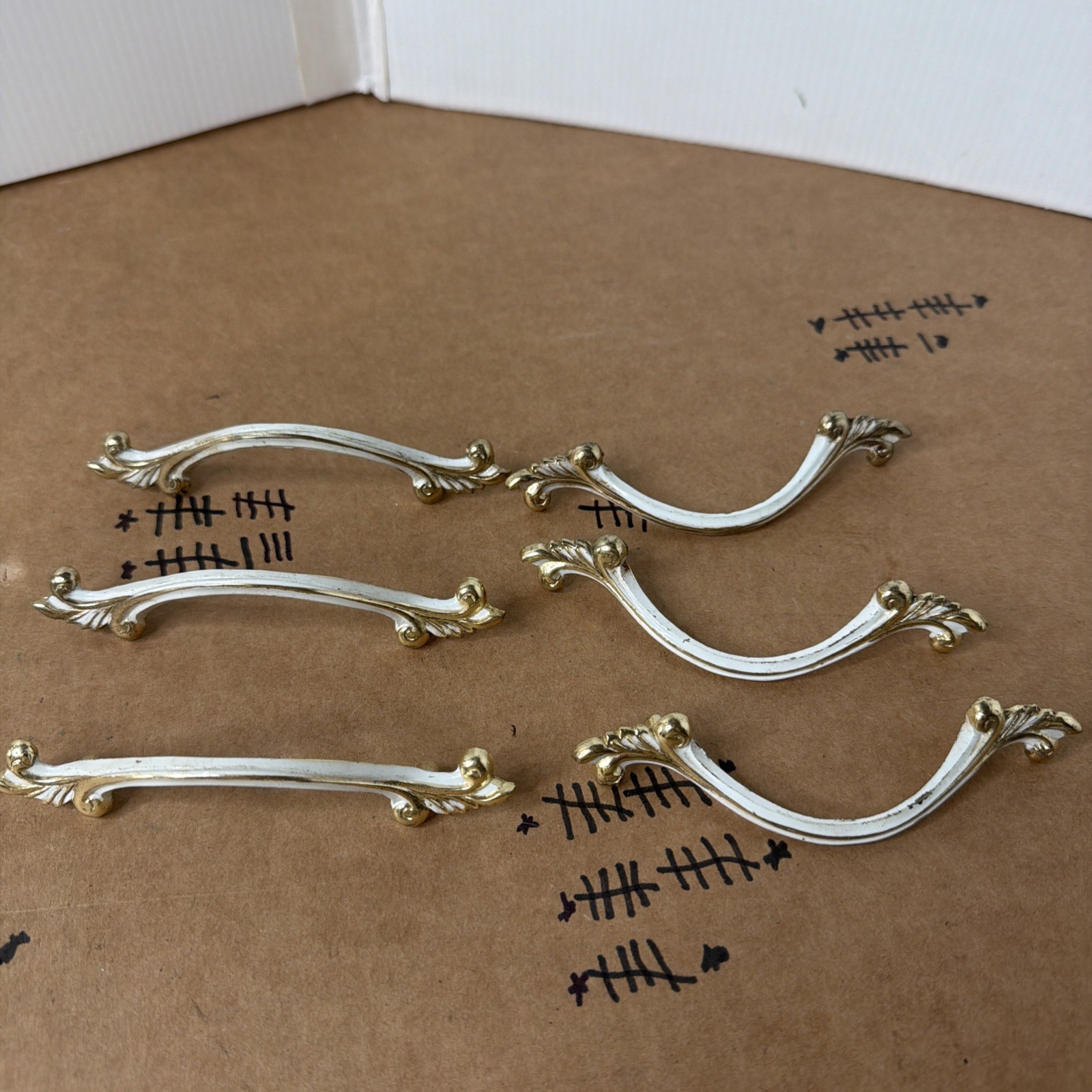 6 Vintage JB French Provincial MCM Antique Brass w/ White Drawer Pulls