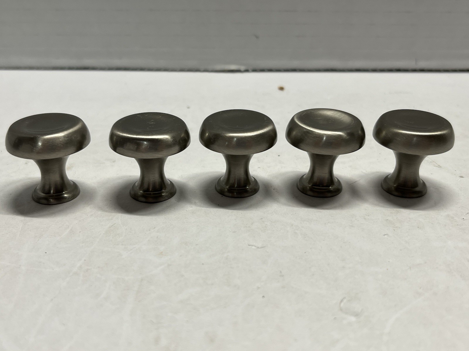 Vintage Lot (5) NOS Heavy Round Brushed Nickel ?? Fixed Drawer/Cabinet Knobs