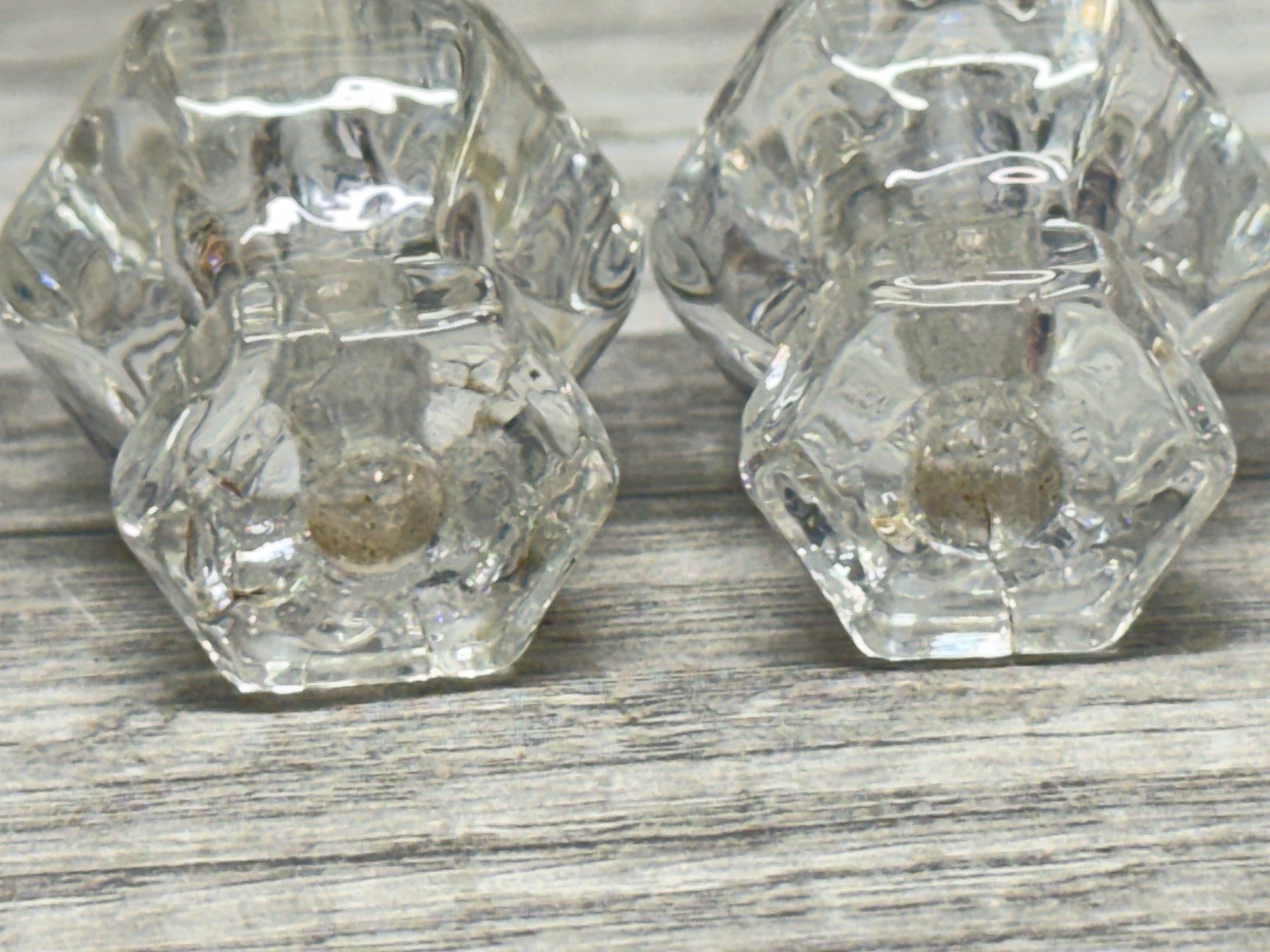 MCM Drawer Pull Knobs Vintage Clear Glass Hexagon Cabinet Hardware Set of 2