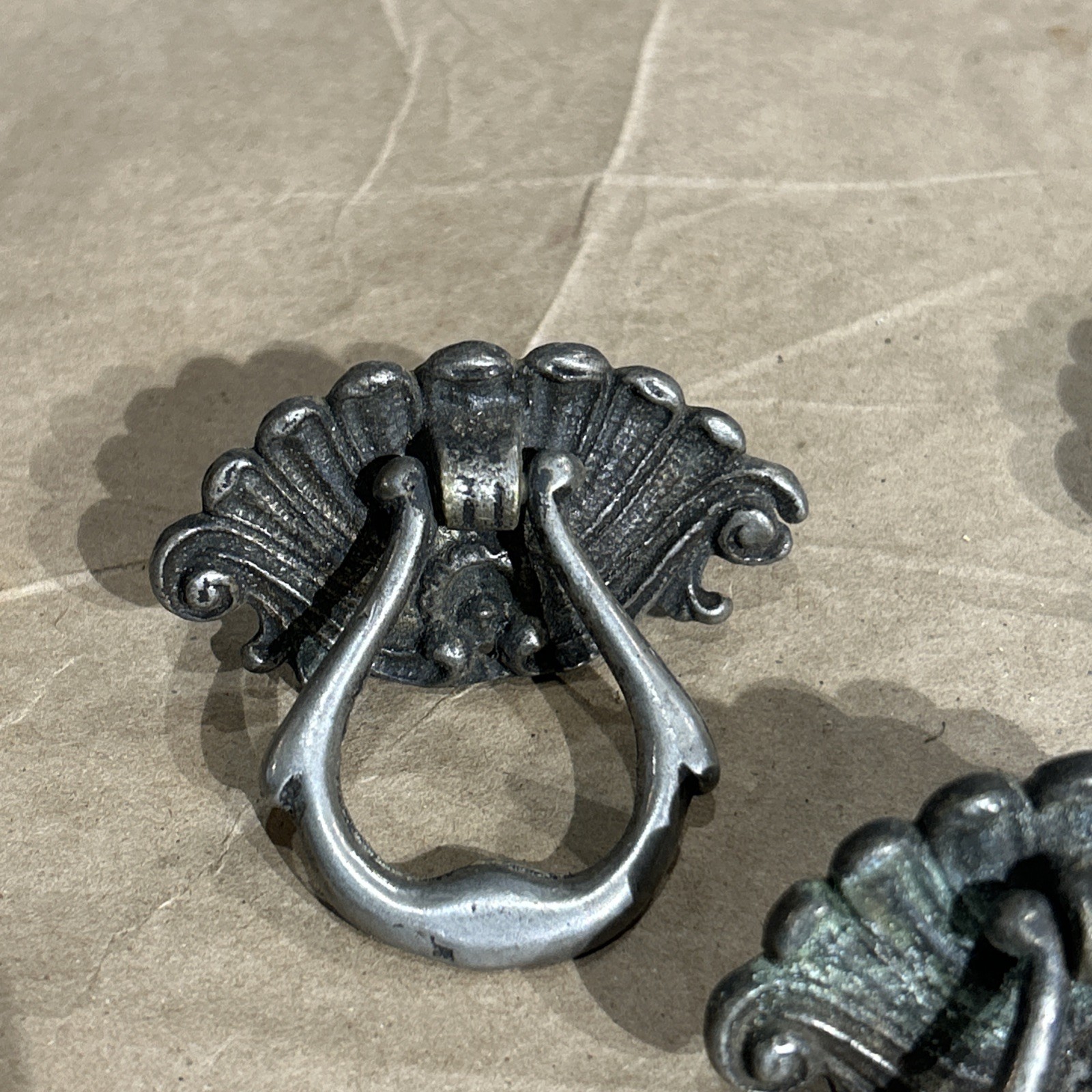 VICTORIAN Nickel Drawer Pull Antique Hardware Drop Ring Shell Knob Lot Of 3 3316